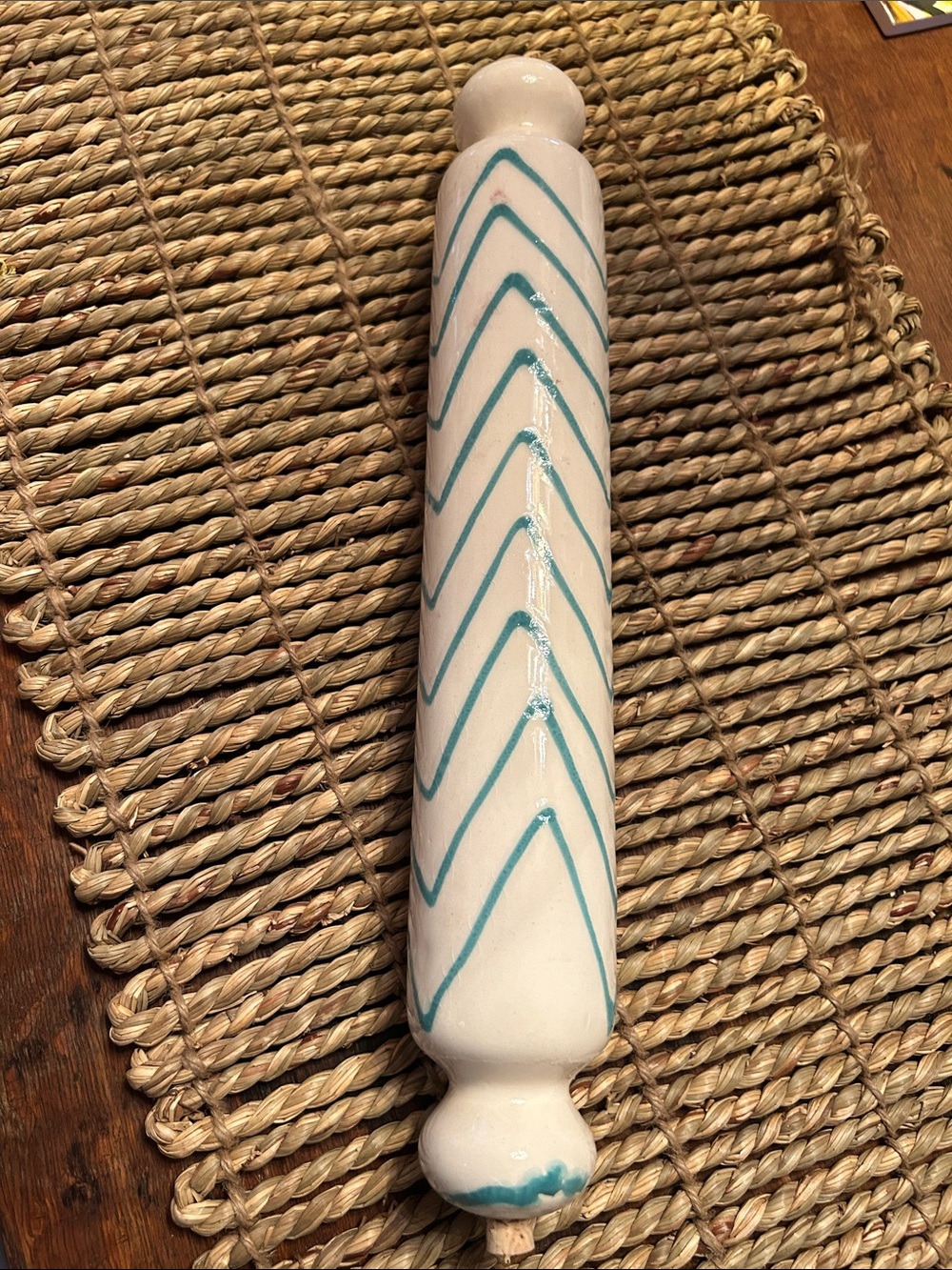 Anthropologie White Ceramic Rolling Pin with Teal Chevron Accent